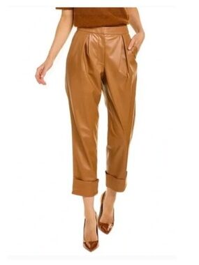 Trina Turk Gilded Pant Faux Leather Cuffed Pleated Nutmeg Brown 10 NWT